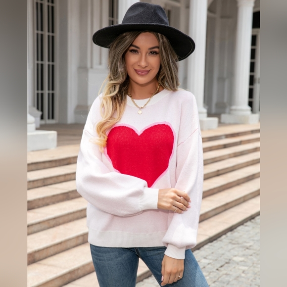 Knit Heart Contrasting Classic Round Neck Pullover Top Long Sleeve Sweater Shirt - Picture 5 of 8